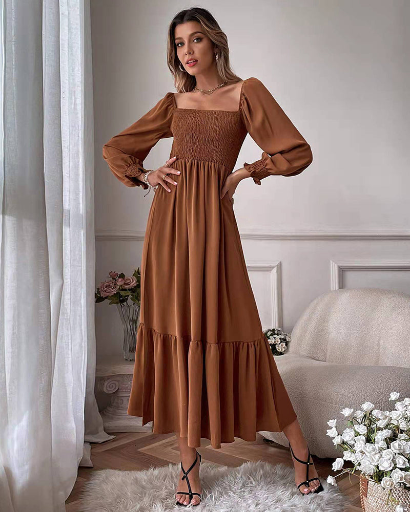 Solid Color Long Sleeve Dress Square Neck Lotus Leaf Maxi Dress - Brown