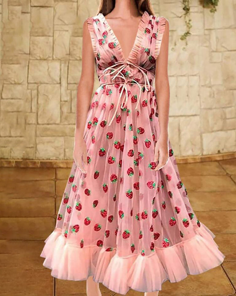 Sleeveless Mesh Strawberry V-Neck Dress - Pink S