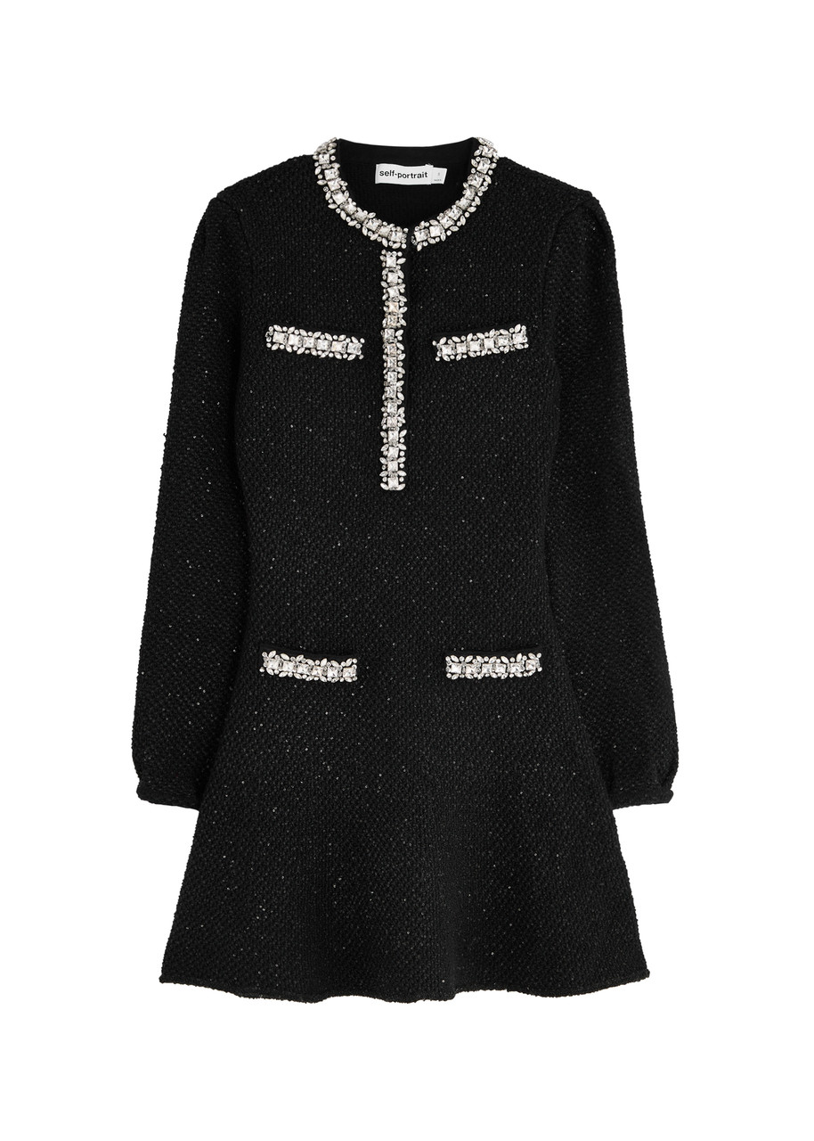 Self-portrait Crystal-embellished Cotton-blend Mini Dress - Black - L L