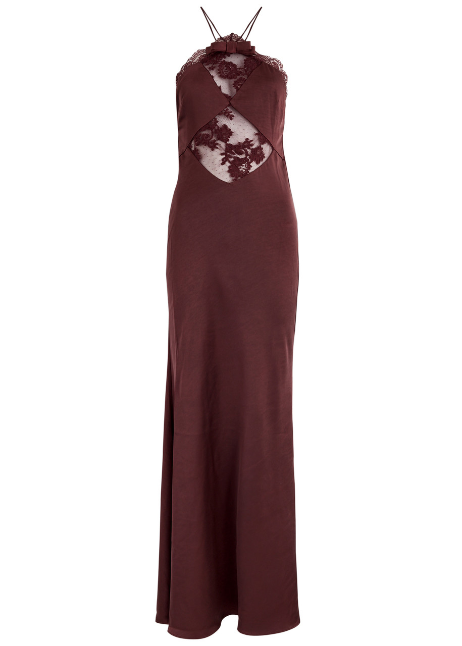 Self-portrait Lace-trimmed Satin Maxi Dress - Brown -