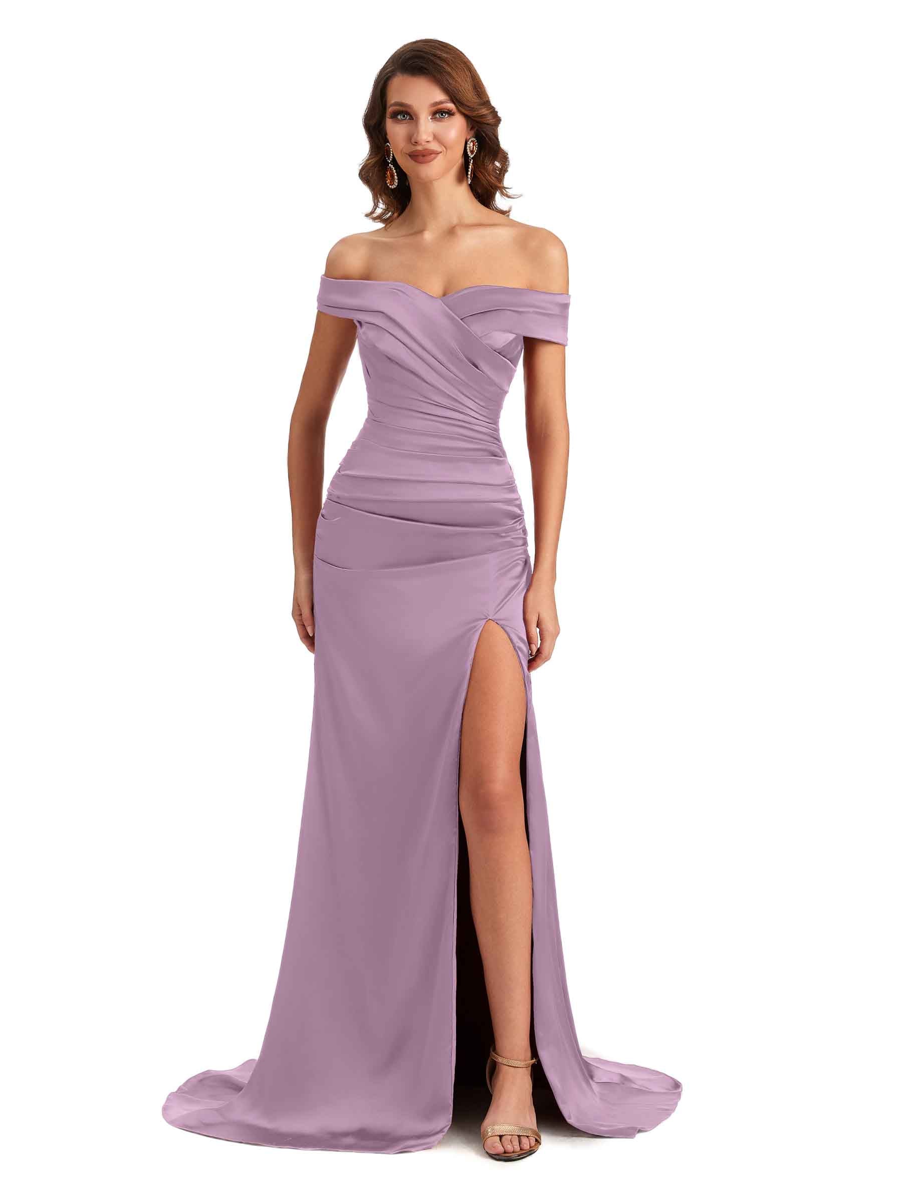 Sexy Mermaid Side Slit Off The Shoulder Silky Satin Unique Long Bridesmaid Dress Online
