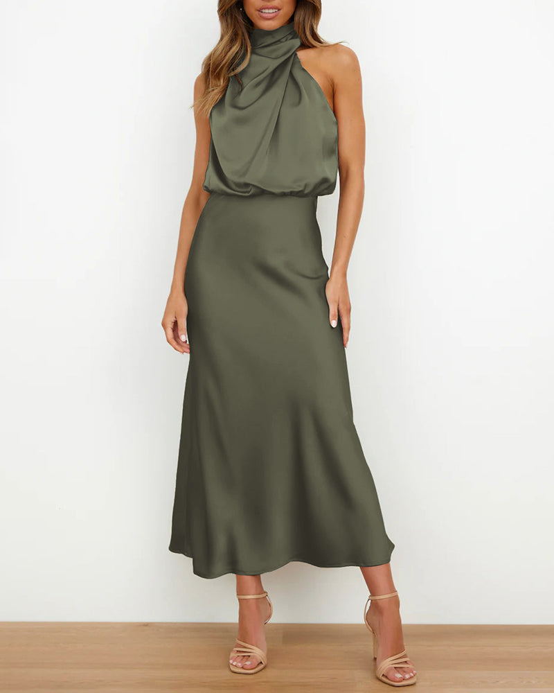 Long Formal Satin Dress Mock Neck High Neck Evening Dress - Army Green