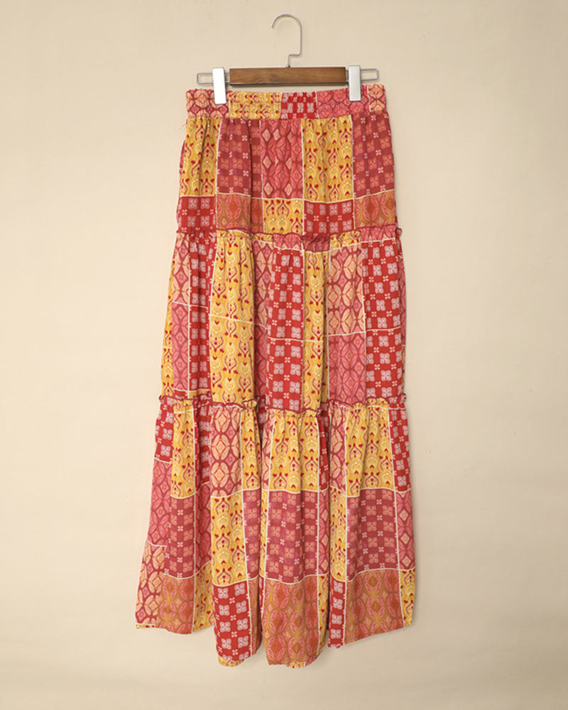Tiered Paisley Print Long A-Line Skirt Boho Holiday Maxi Skirts - Orange M