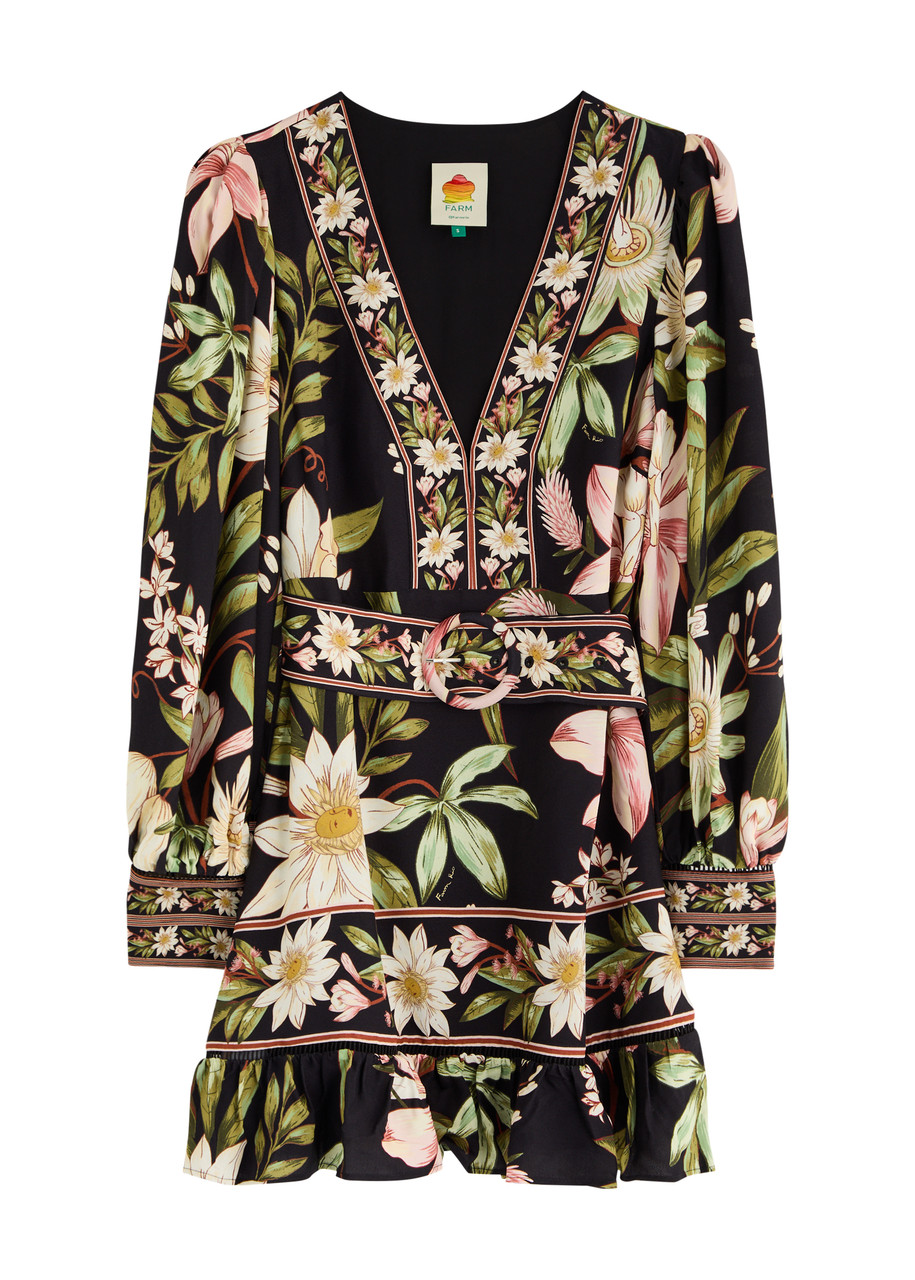 Farm Rio Floral-print Belted Mini Dress - Black - L L
