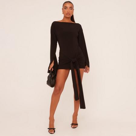 Long Flared Sleeve Drape Detail Mini Bodycon Dress In Black Slinky, Women's Size