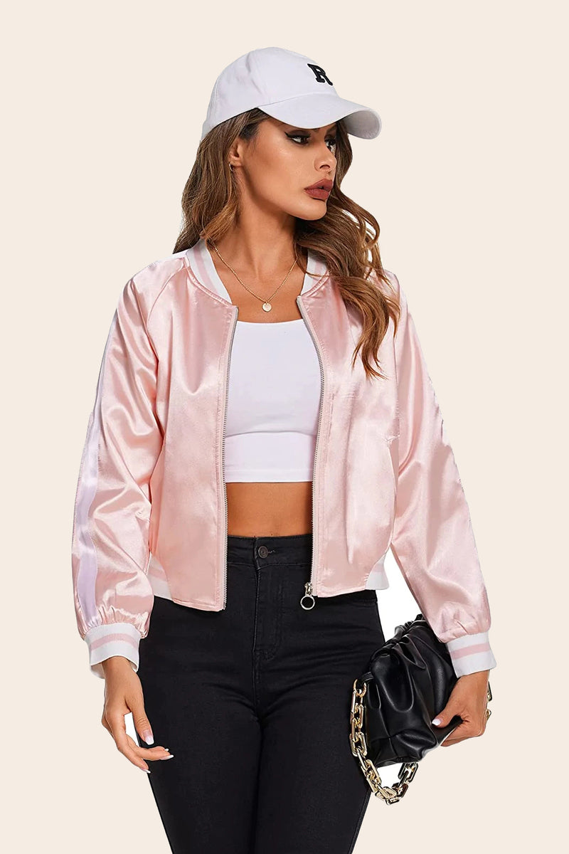Striped Biker Jacket Zip Up Bomber Jacket - Zeagoo- Pink L-