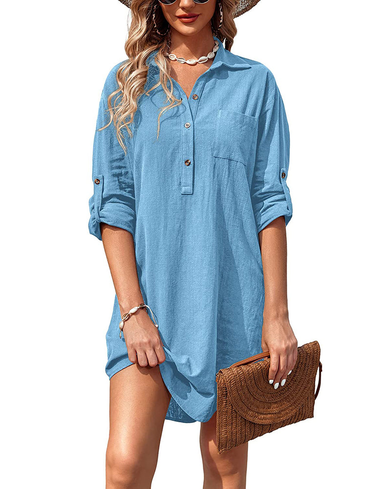Zeagoo Women's Cotton Shirt Dress - Light Blue