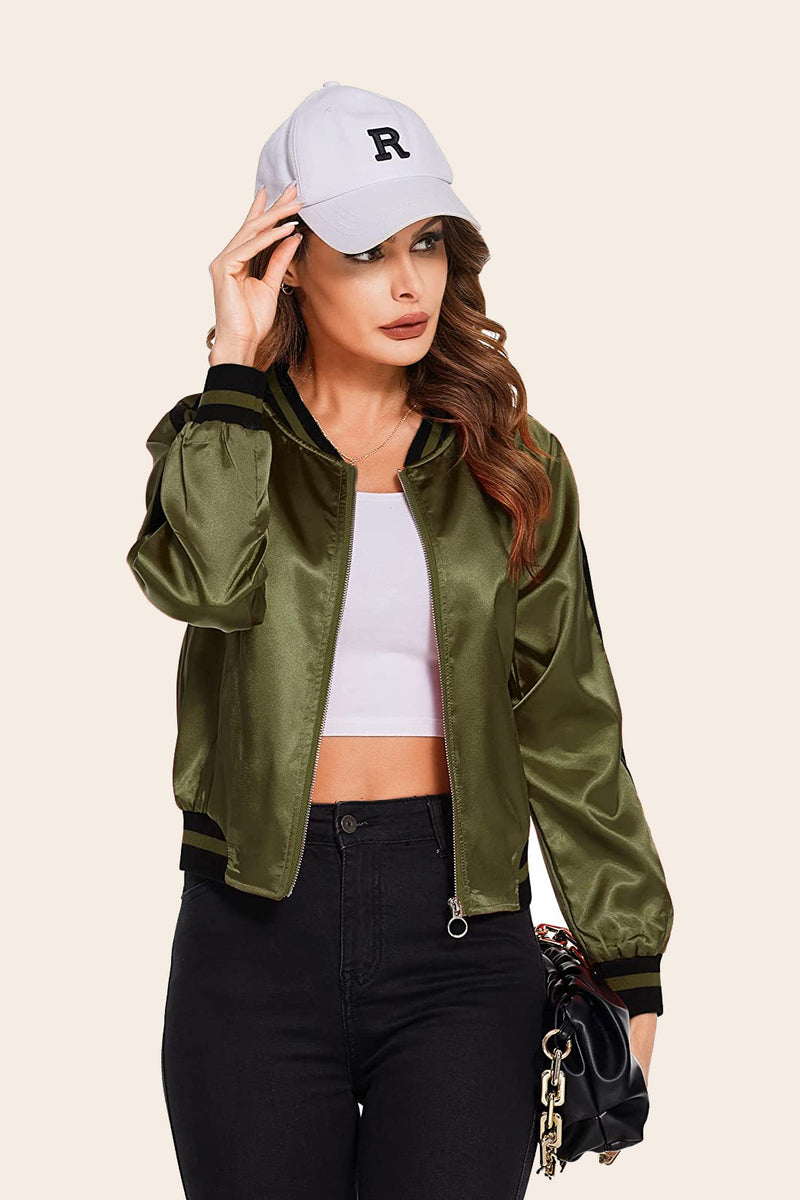 Striped Biker Jacket Zip Up Bomber Jacket - Zeagoo- Army Green