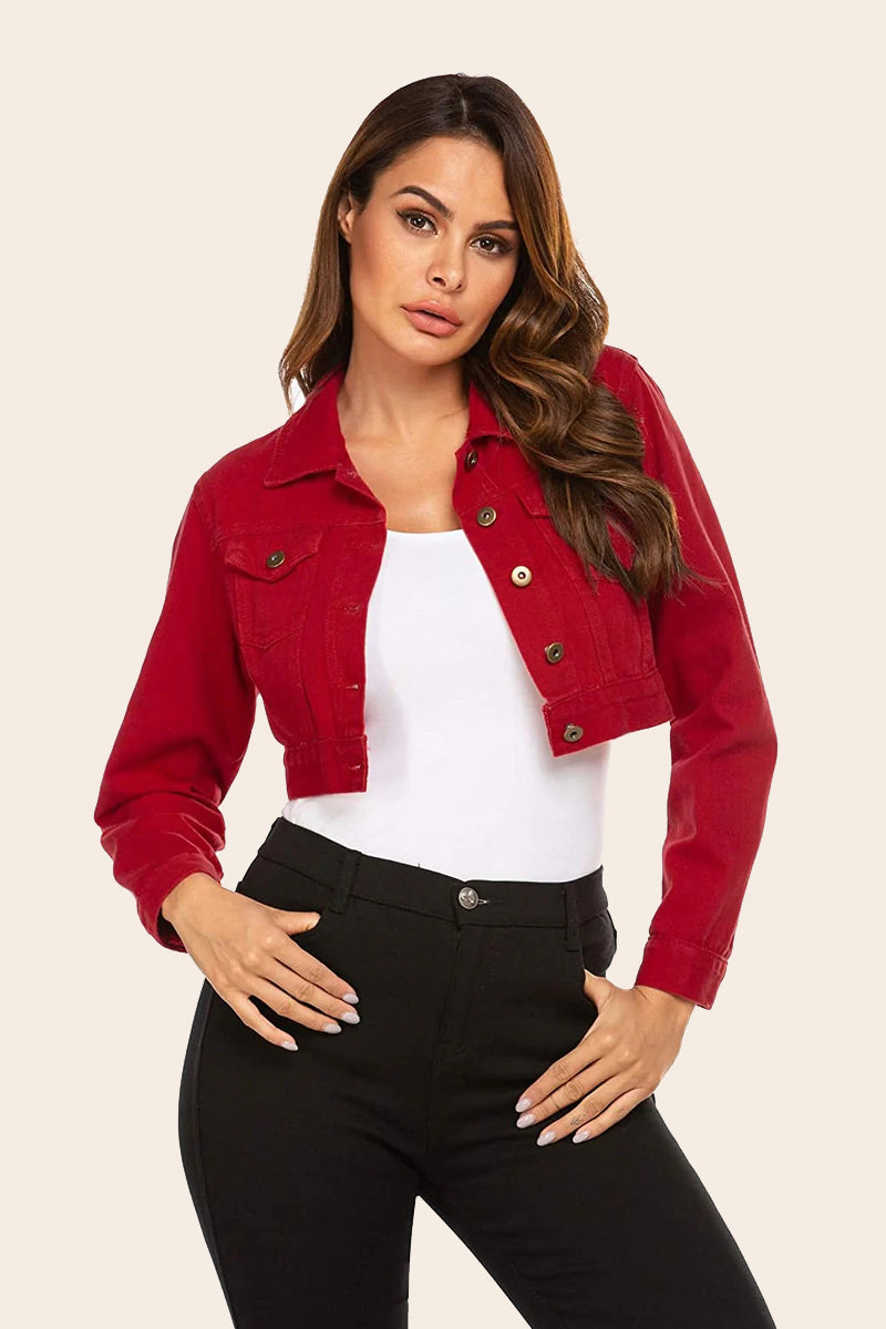Zeagoo Cropped Denim Jean Jacket - Red