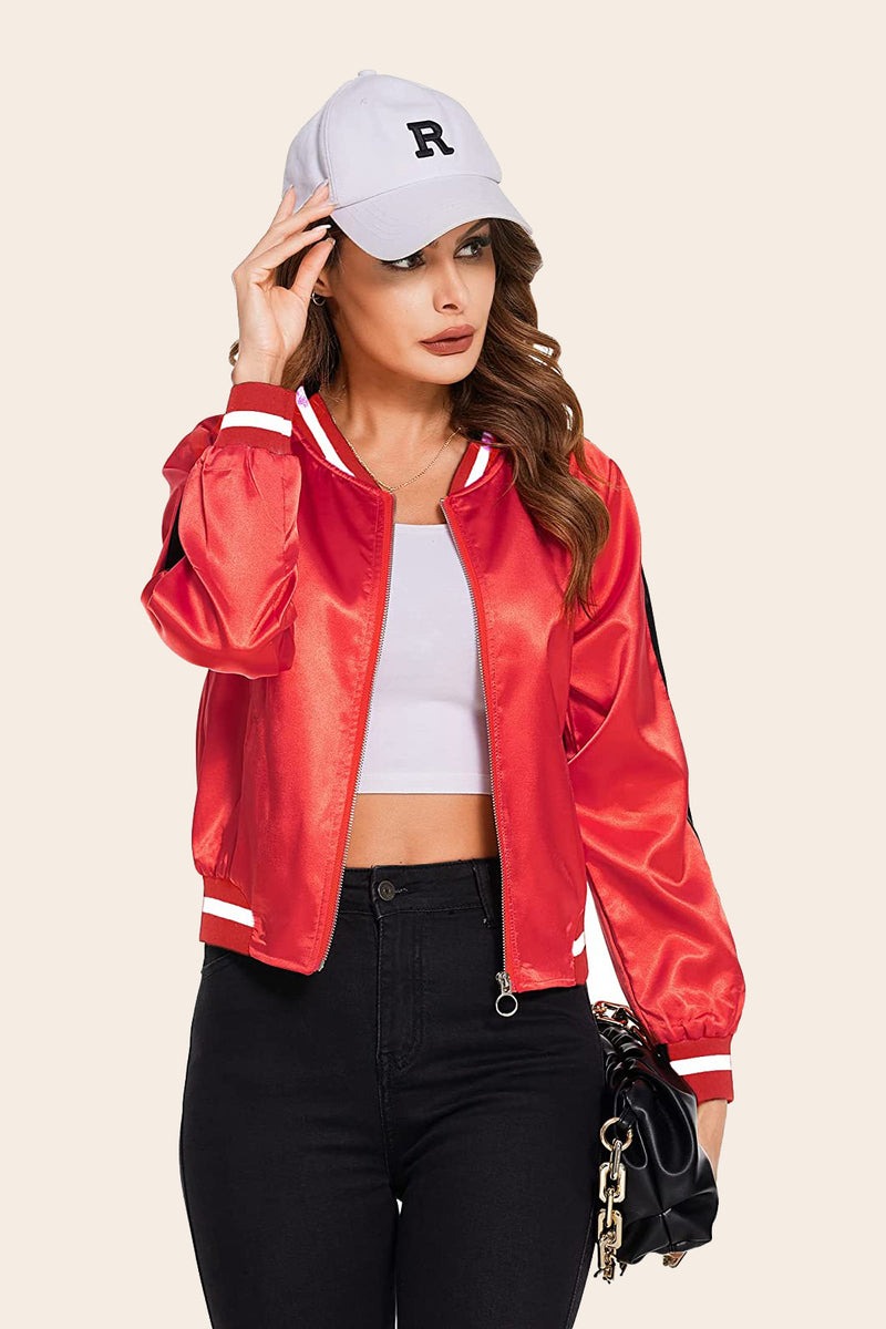 Striped Biker Jacket Zip Up Bomber Jacket - Zeagoo- Red M
