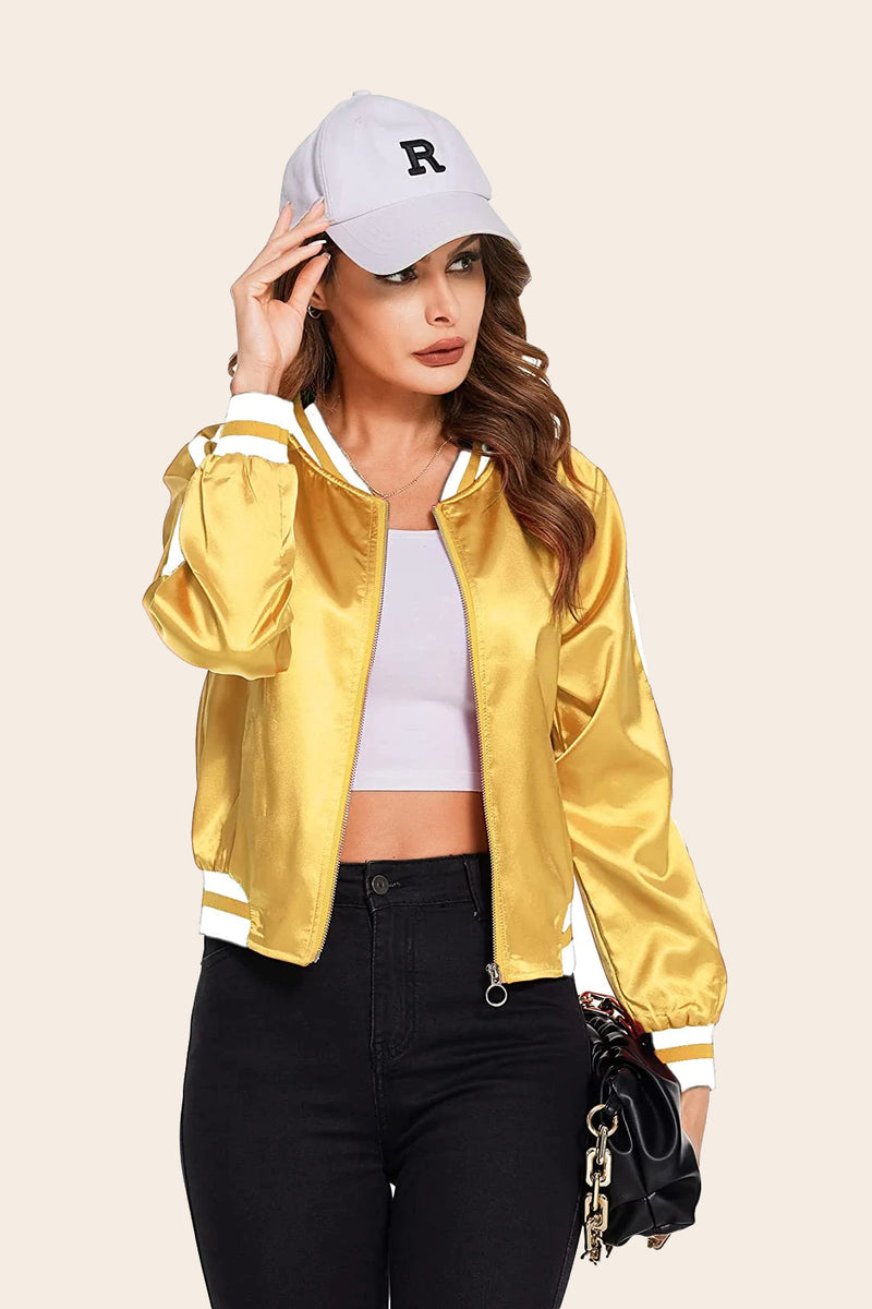 Striped Biker Jacket Zip Up Bomber Jacket - Zeagoo- Yellow