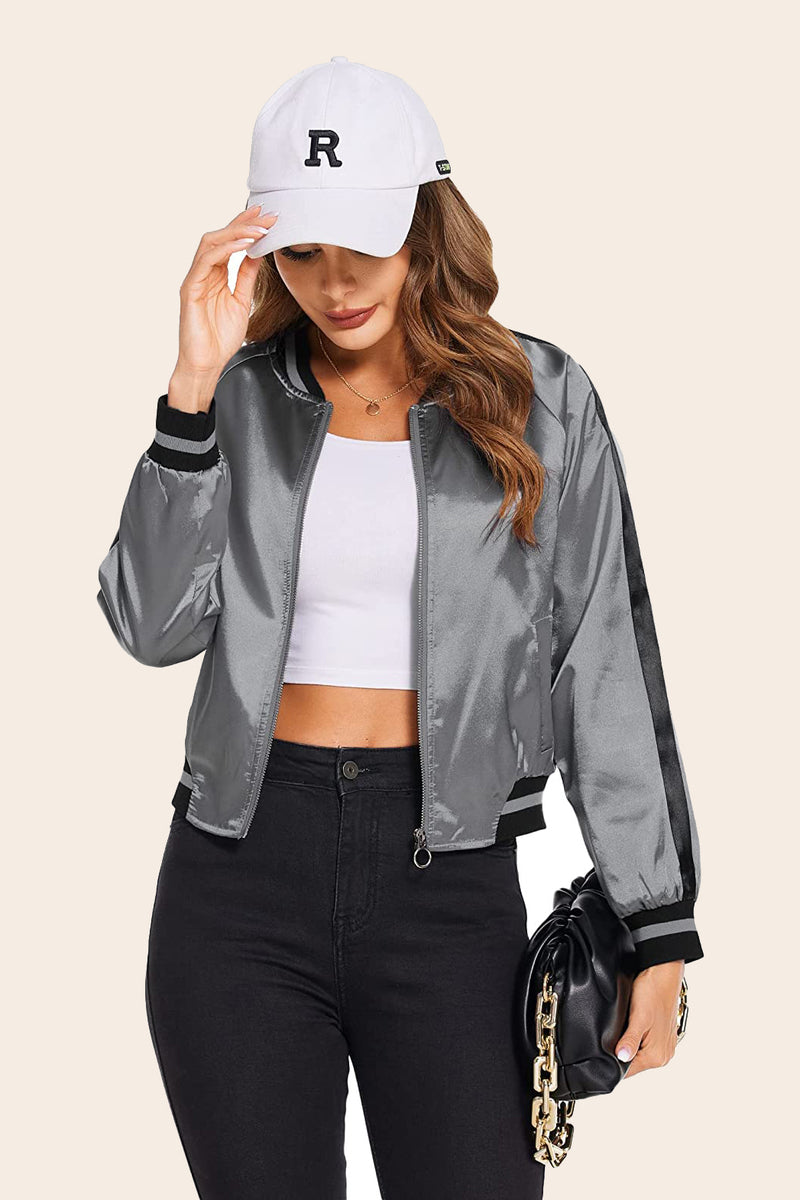 Striped Biker Jacket Zip Up Bomber Jacket - Zeagoo- Grey S