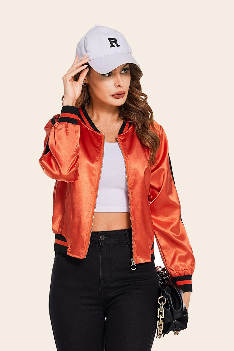 Striped Biker Jacket Zip Up Bomber Jacket - Zeagoo- Orange M