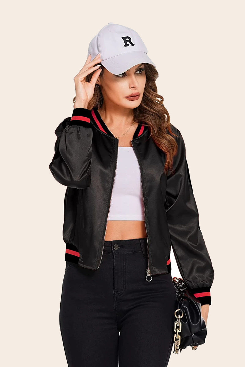 Striped Biker Jacket Zip Up Bomber Jacket - Zeagoo- Black
