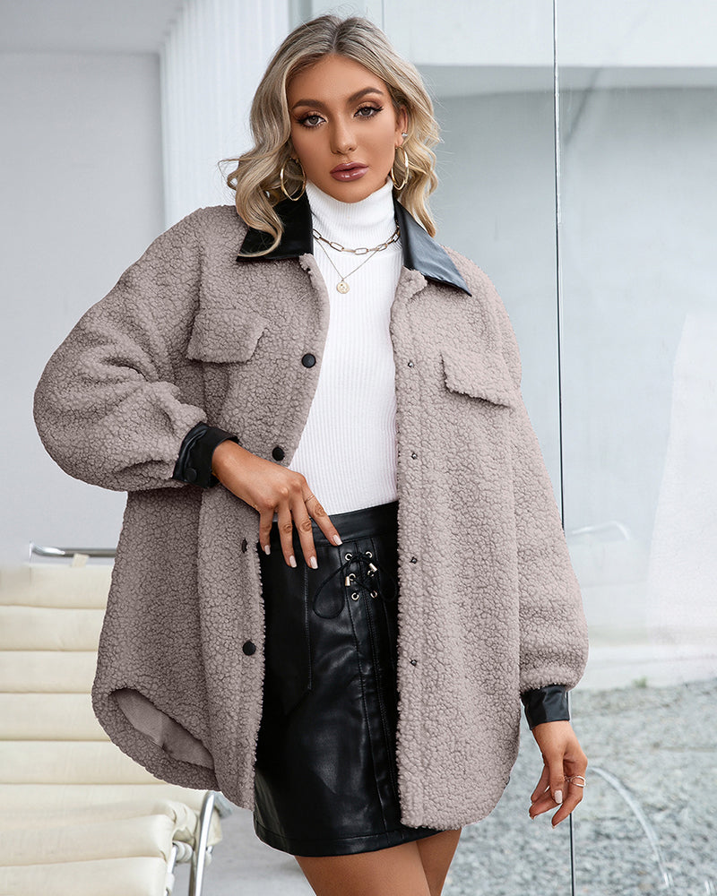Lapel Collar Plush PU Single-breasted Trench Coat - Khaki S