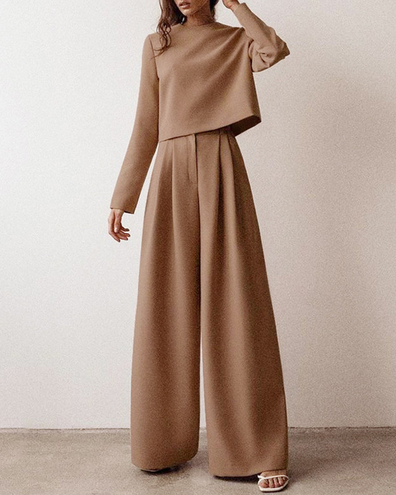 Lounge Set Casual Long Sleeve Crop Pullover Top High Waist Wide Leg Pants Two Pieces Suits - Brown M
