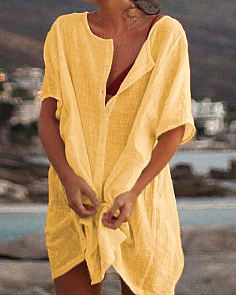 V Neck Solid Color Comfortable Shirt Short Sleeves Shirt Dress - Yellow