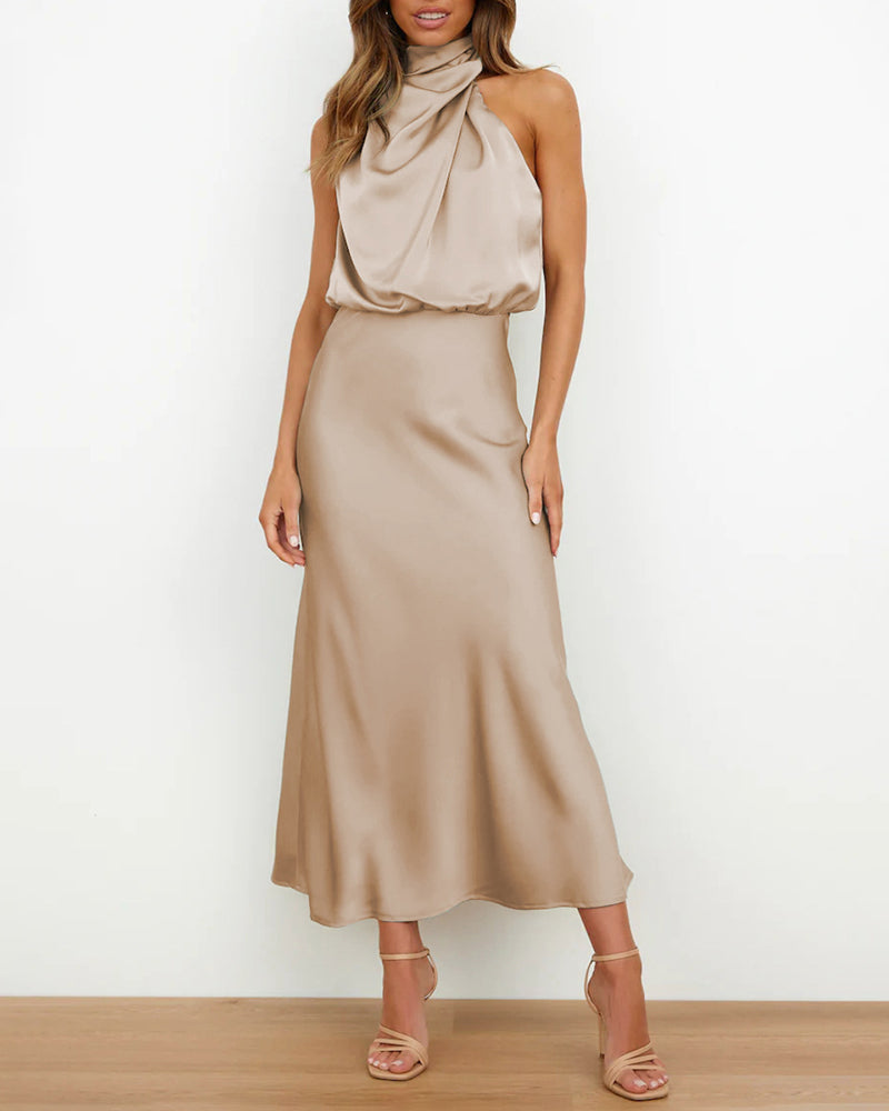 Long Formal Satin Dress Mock Neck High Neck Evening Dress - Beige S