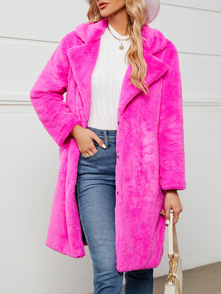 Fake Fur Teddy Coat Open Front Parka Outwear - Rose Red L-