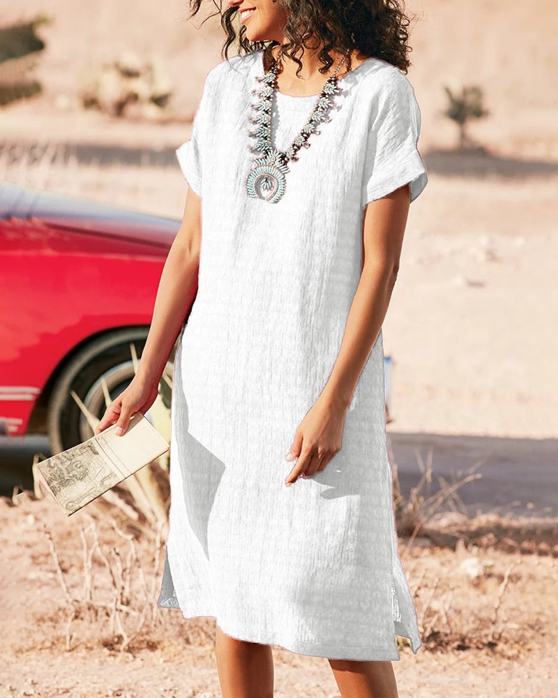 Short Sleeve Pure Color Split Crew Neck Basic Loose Fit Midi Dress - White S
