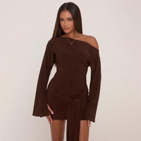 Long Flared Sleeve Drape Detail Mini Bodycon Dress In Chocolate Brown Slinky, Women's Size