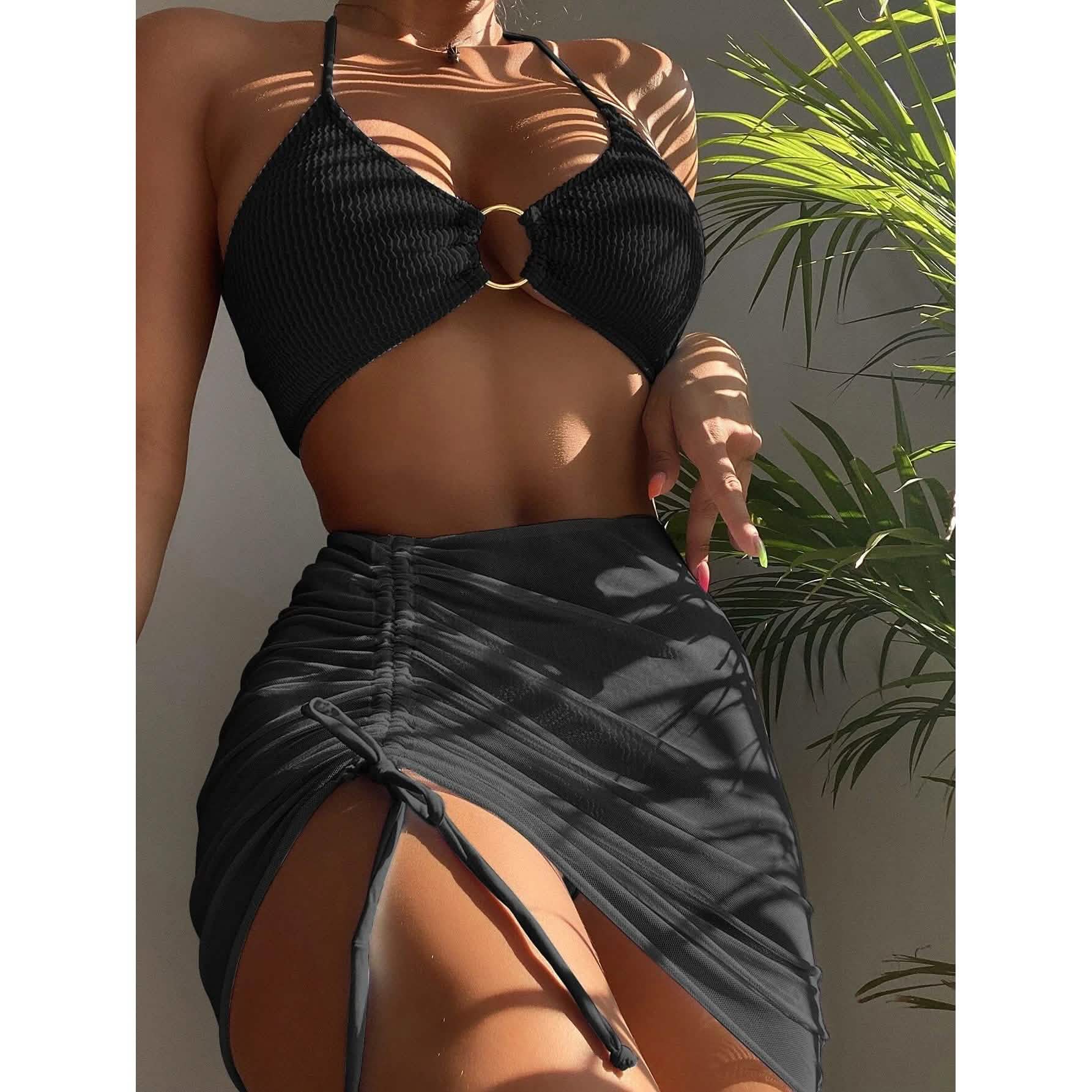 -Pack: Textured Ring Linked Halter Bikini Swimsuit & Beach Skirt
