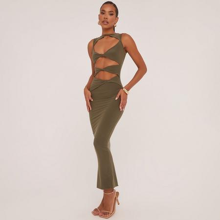Sleeveless Cut Out Twist Front Detail Maxi Dress In Olive Green, Women's Size