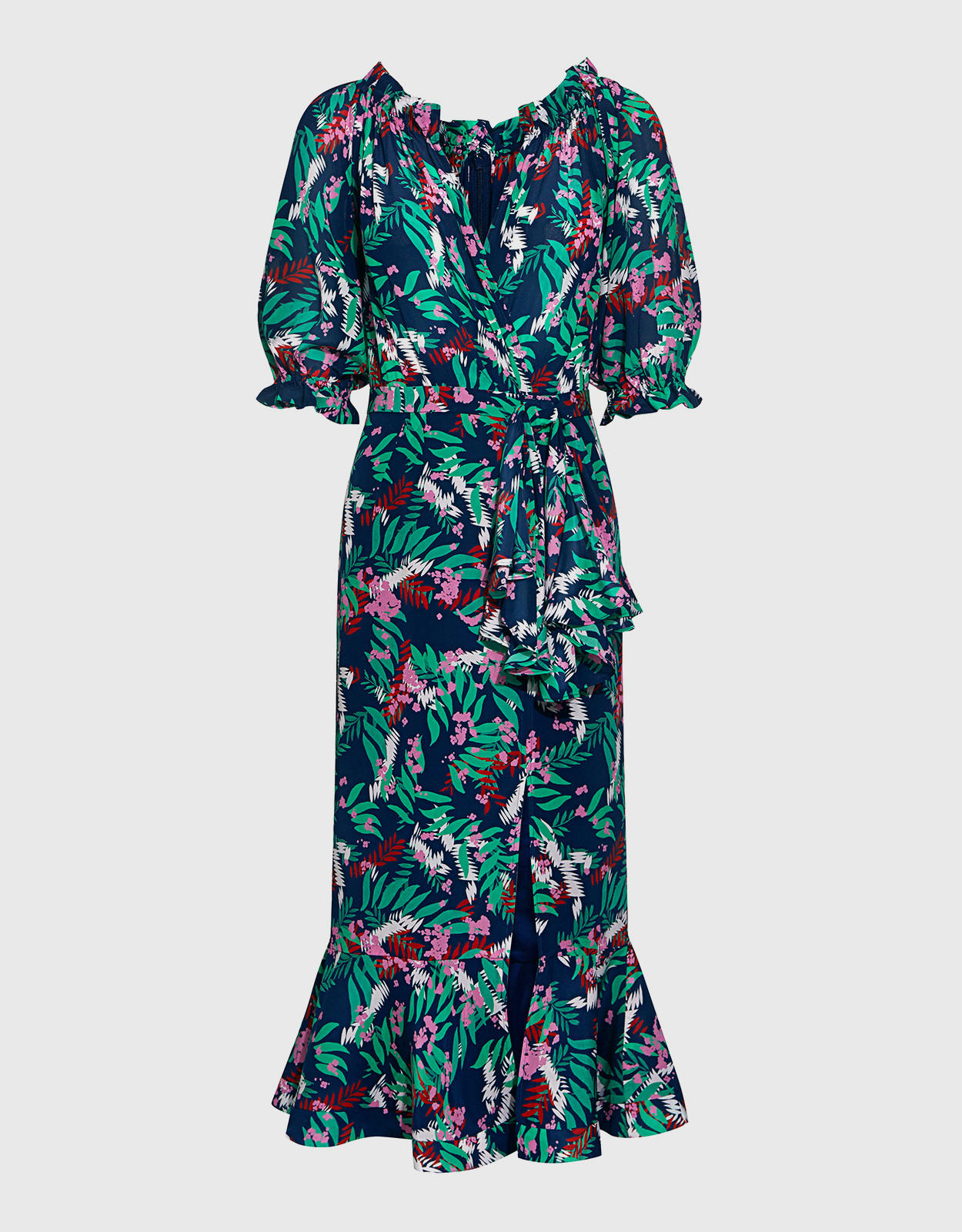Saloni Olivia V-neck Floral Ruffled Wrap Silk Midi Dress -