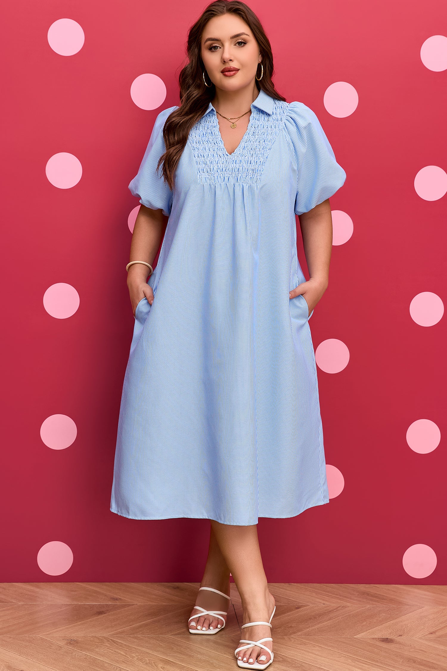 Julieta Detail Collar Midi PL Dress - Sky Blue Stripe X - W-W