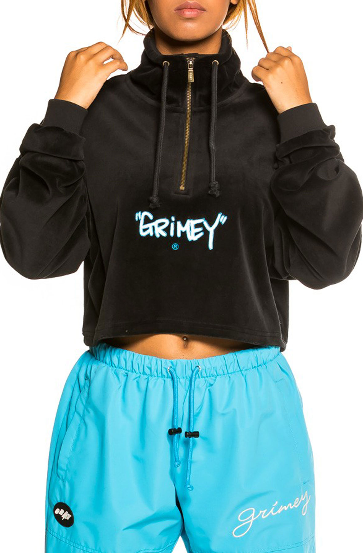 Women Gem Cutting High Neck Velvet Crop Top Black Sweatshirts S Black