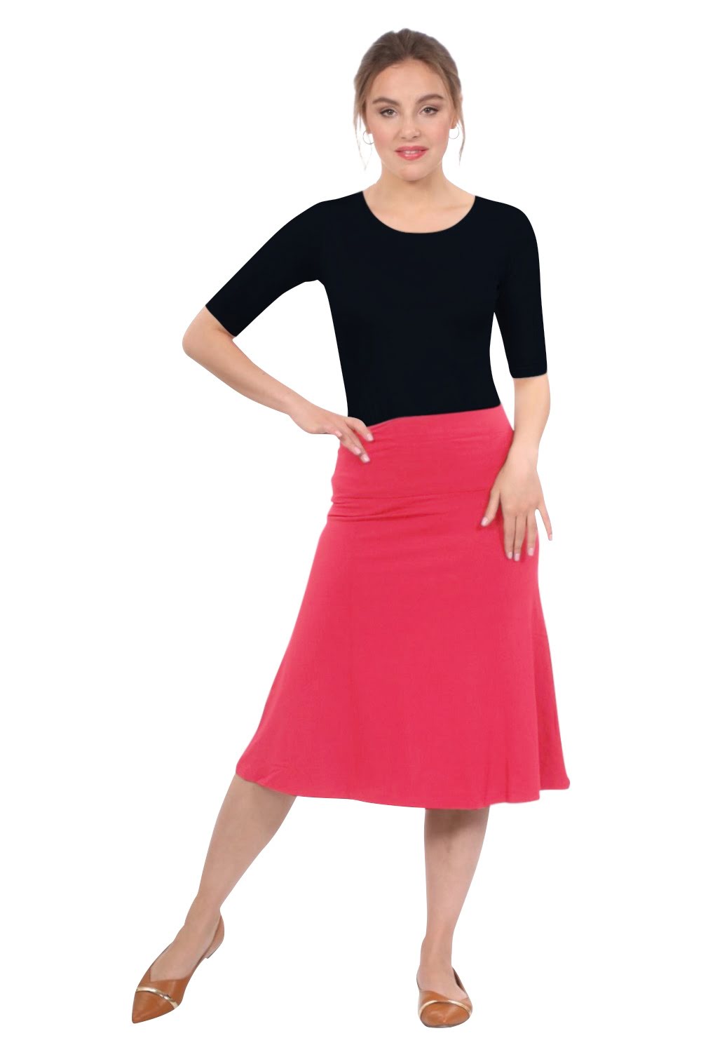 Sleek A-Line Adjustable Waist Midi Skirt with Fold-Over Waistband - Cyclamen Small