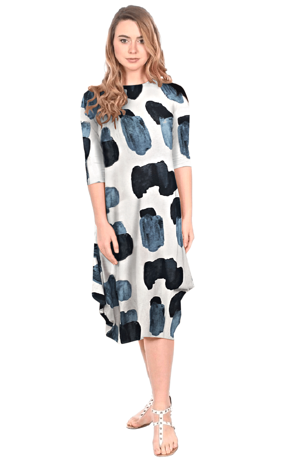 Flowing Midi Dress with Sleeves and Dramatic Drape - Off White Blue Oblong Small