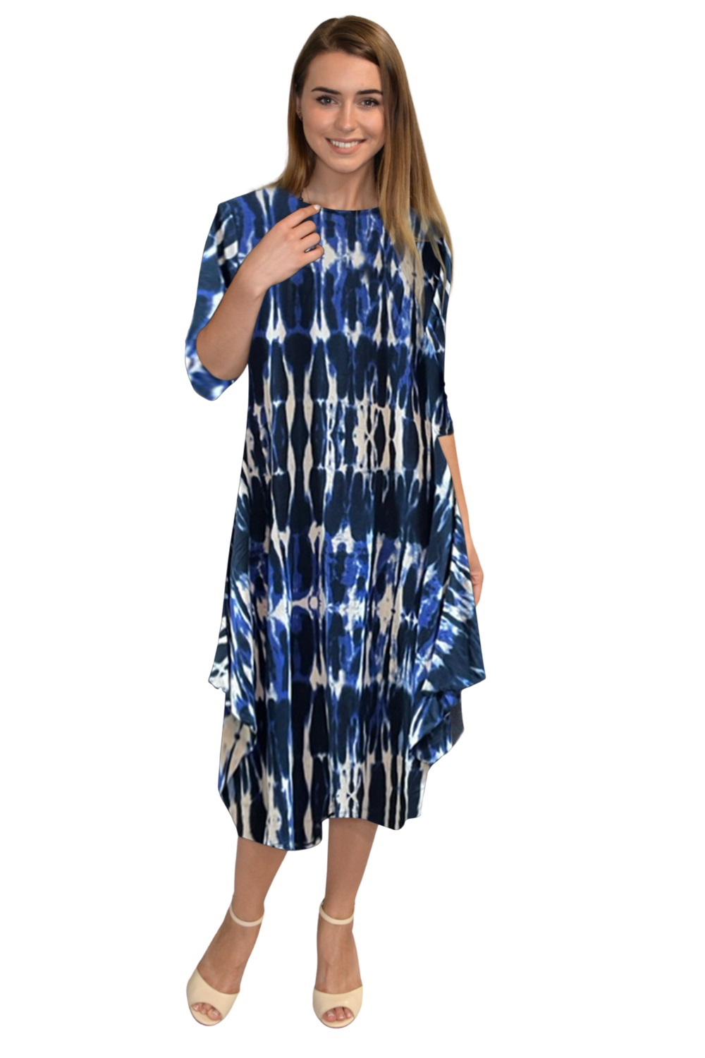Flowing Midi Dress with Sleeves and Dramatic Drape - Navy Tie-Dye Stripe Small