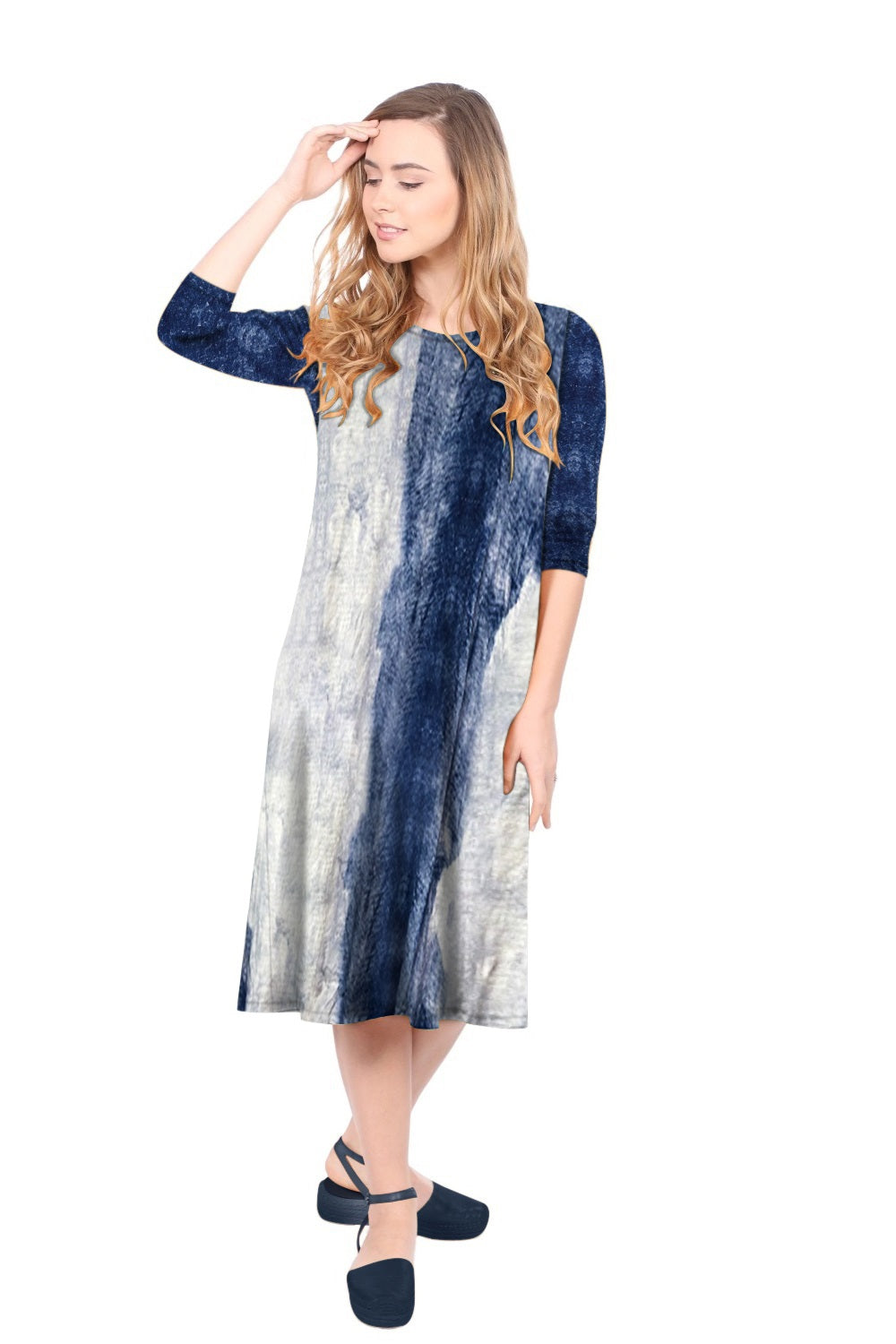 Past The Knee Shirt Dress - Comfortable A-Line Silhouette - Navy Stonewash Large