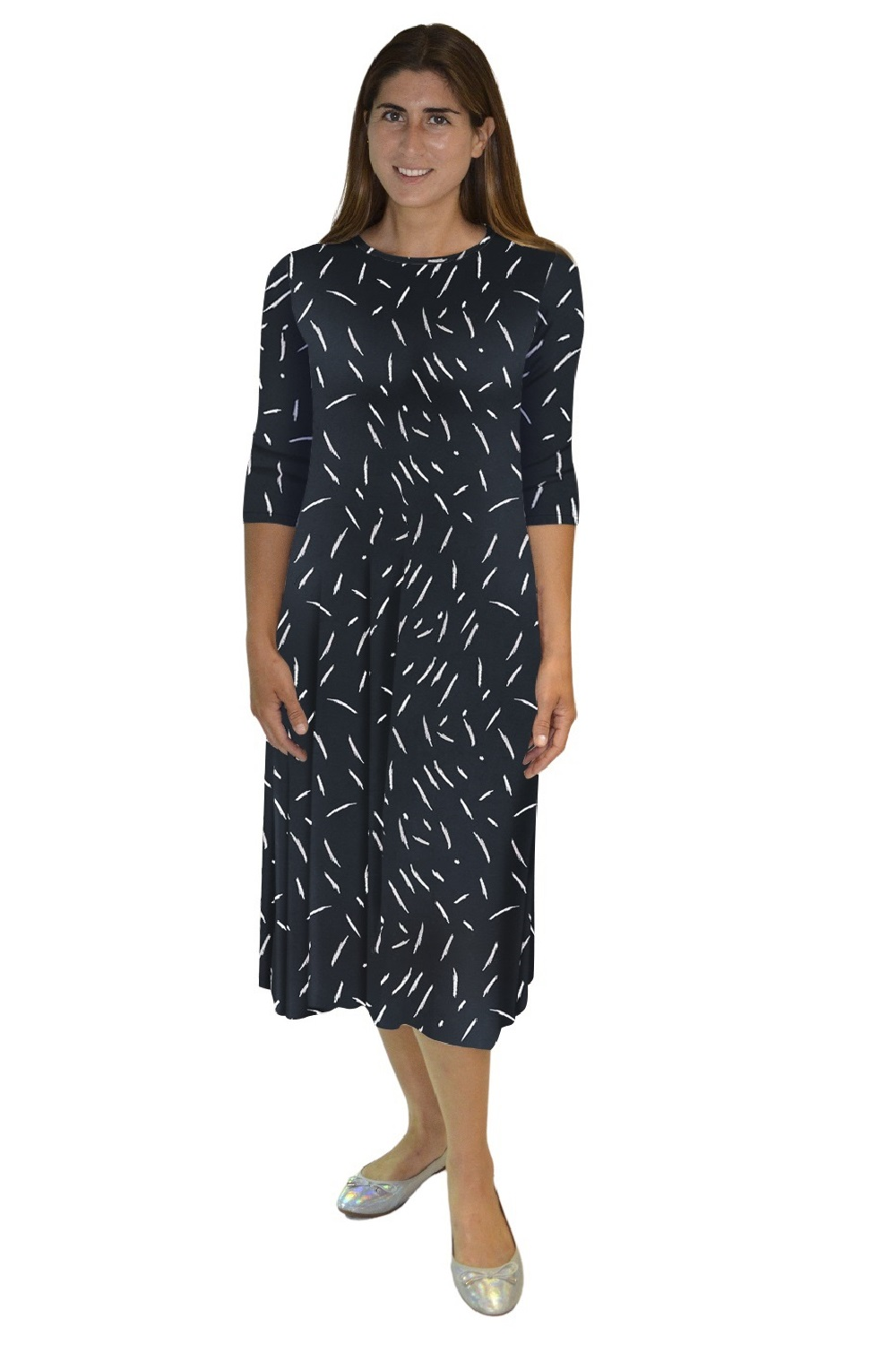Mid-Calf Sleeve Swing Dress with Pockets - BlackBeige Print Medium