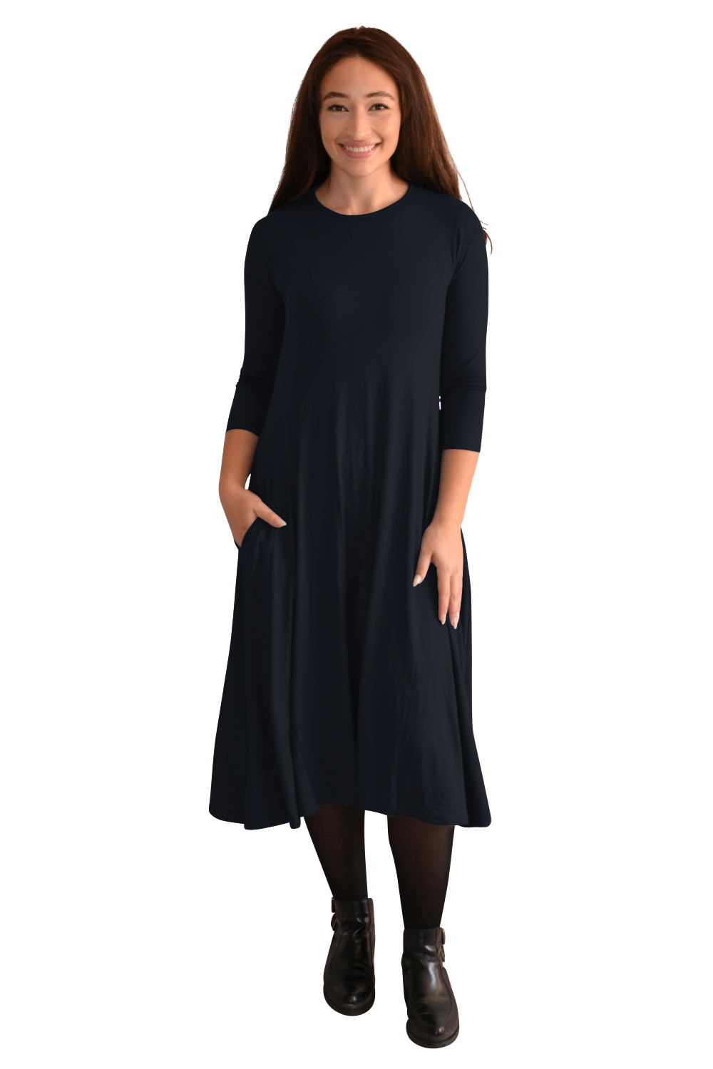 Mid-Calf Sleeve Swing Dress with Pockets - Black Small