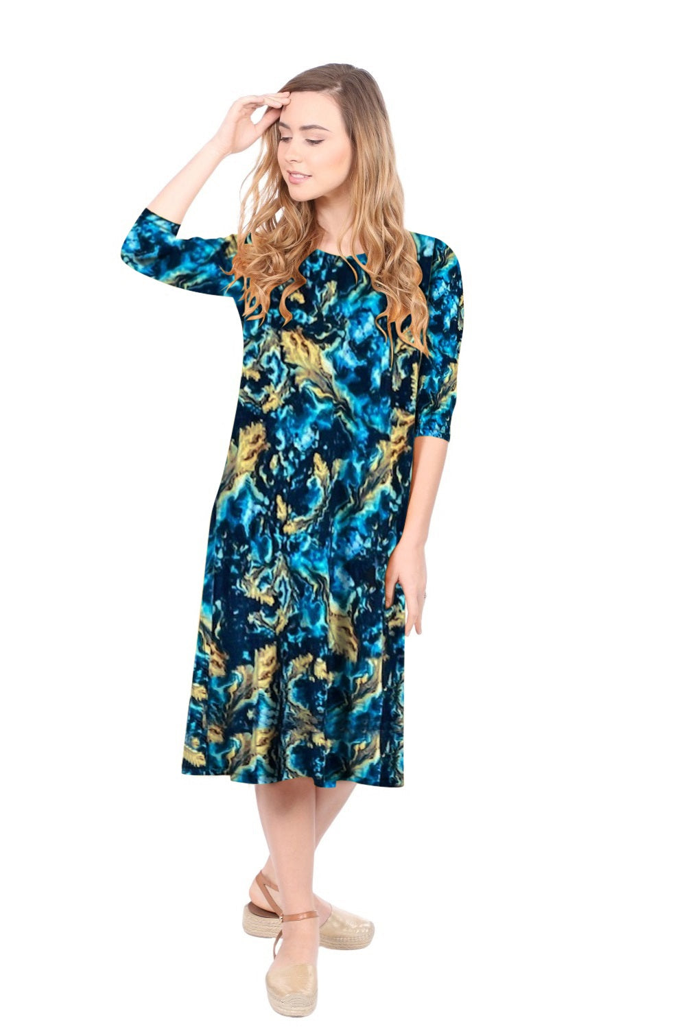 Past The Knee Shirt Dress - Comfortable A-Line Silhouette - Turquoise Navy Waters Medium