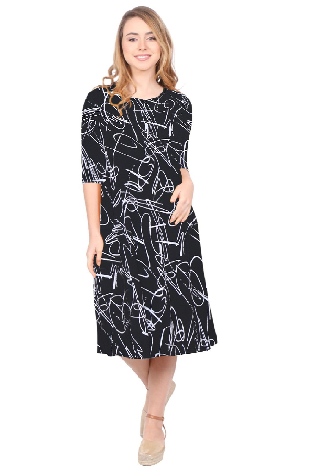 Past The Knee Shirt Dress - Comfortable A-Line Silhouette - BlackWhite Squiggle Small