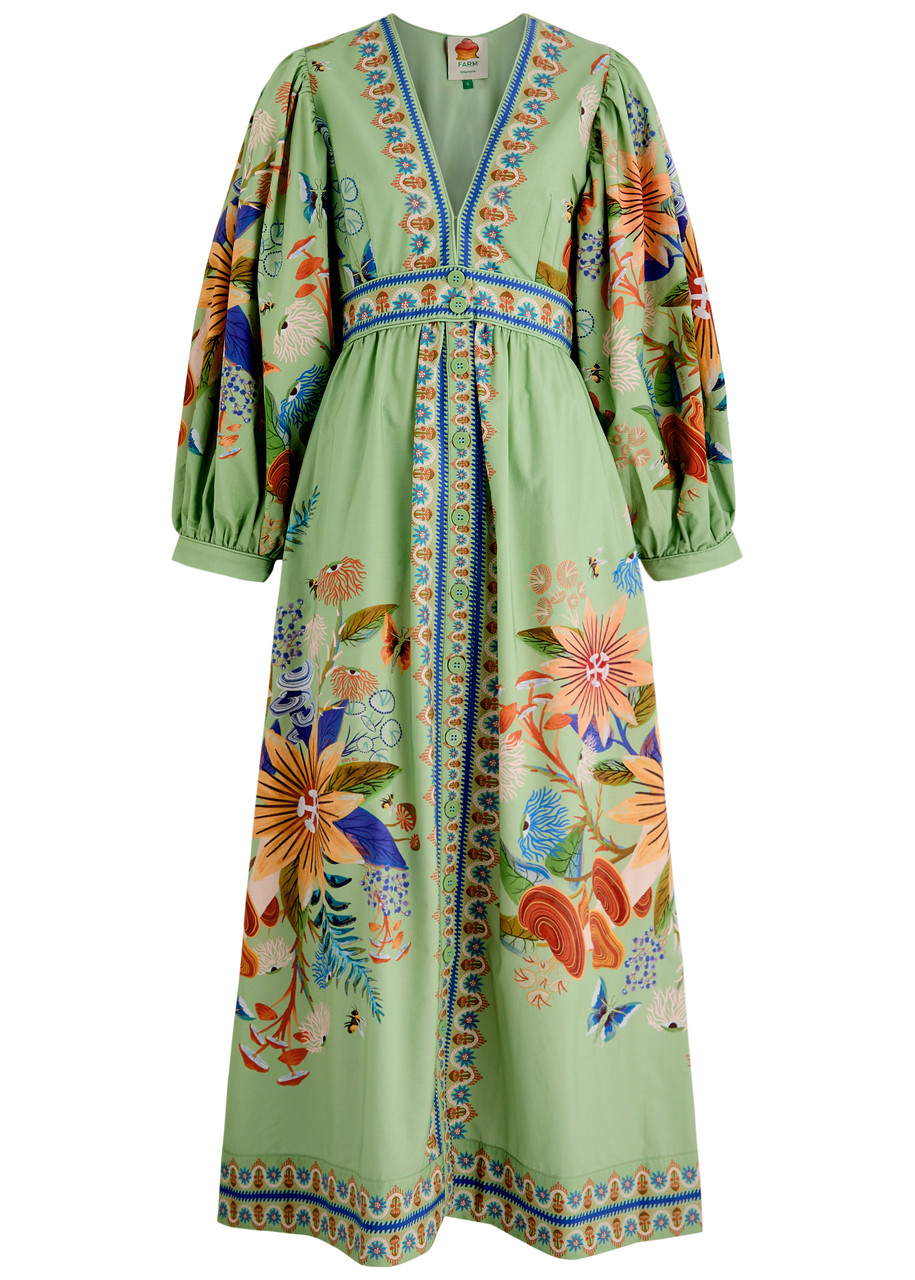 Farm Rio Bright Yard Printed Cotton Maxi Dress - V-neck, Balloon Sleeves, Designer Summer Dress, Green - M - M M