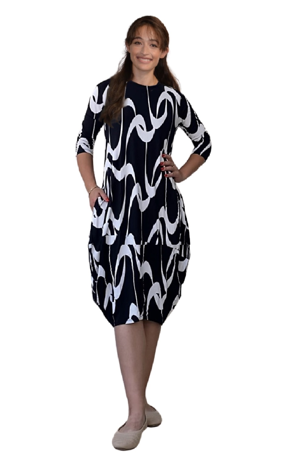 Sleeve Tulip Cocoon Dress - Mid-Calf Length with Pockets - Black with White Print Small