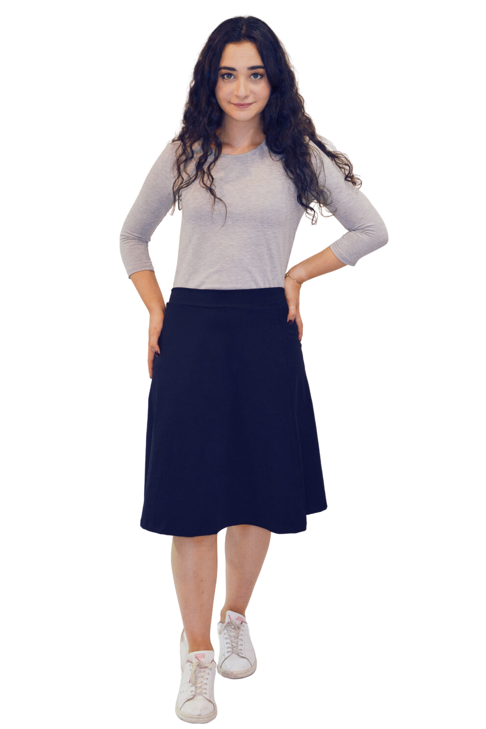 Classic A-Line Knee Length Cotton Stretch Skirt - Modest Everyday Comfort - Dark Navy Small