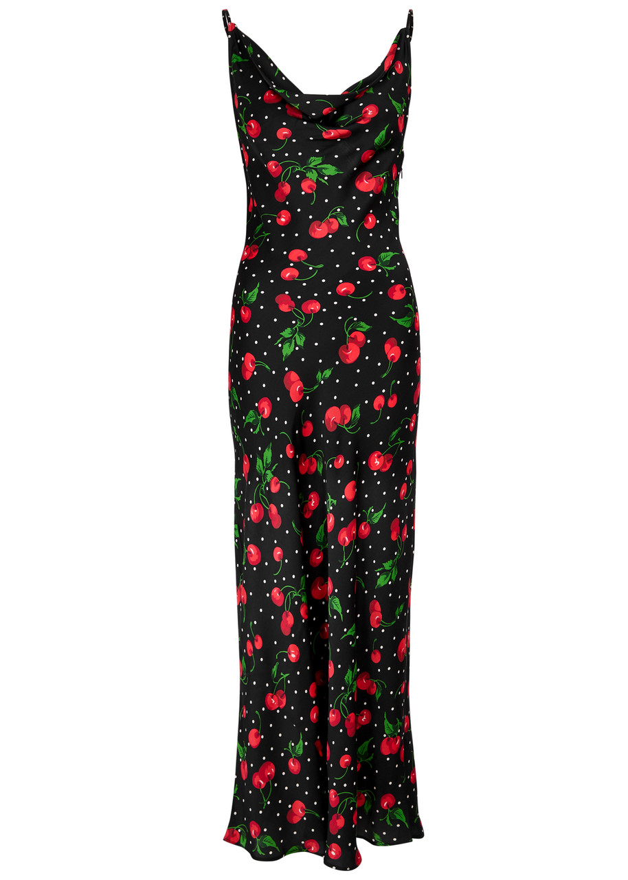 Leslie Amon Galli Printed Satin Maxi Dress - Black Red - S - S