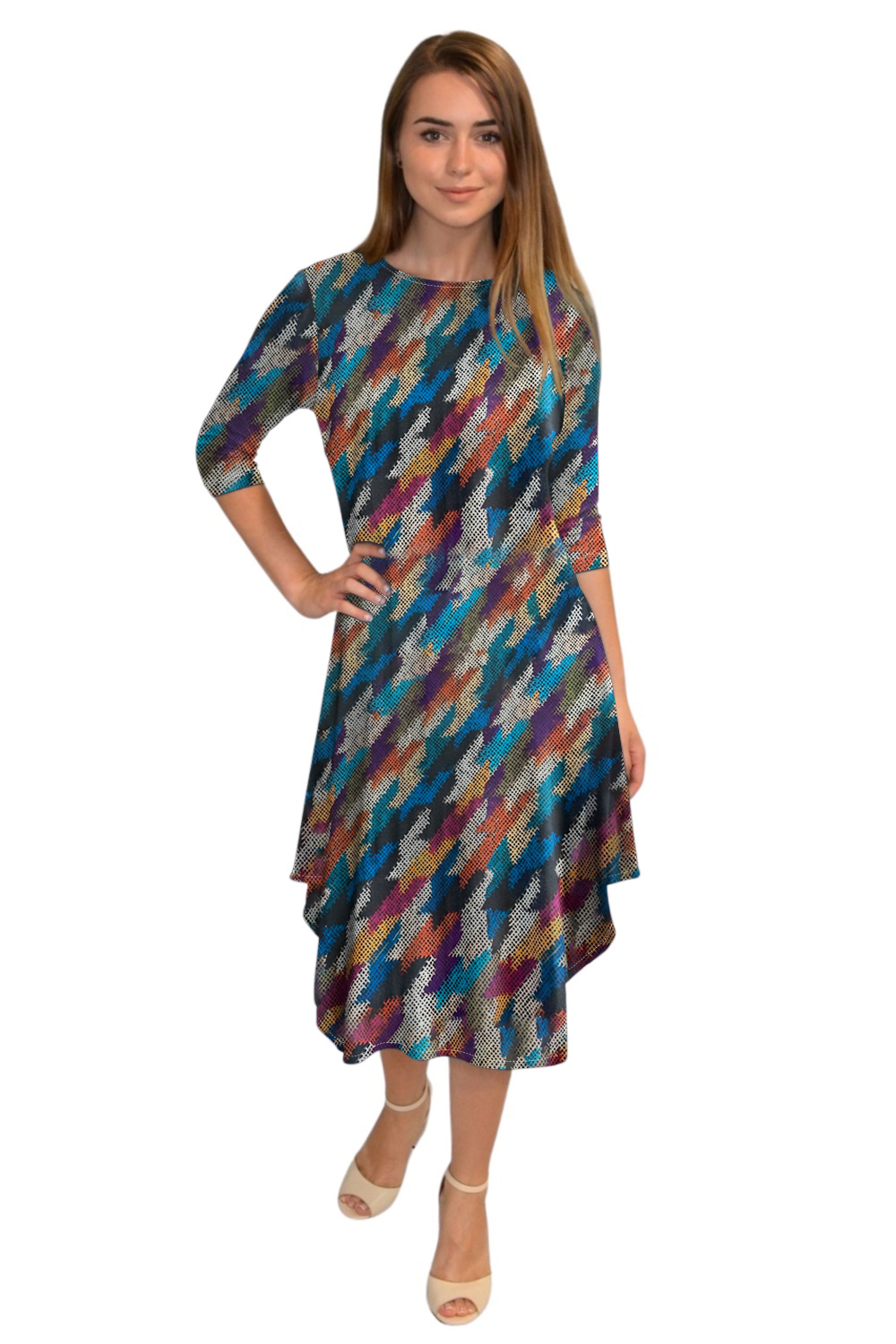 Flowing Midi Dress with Sleeves and Dramatic Drape - Colored Lattice Medium