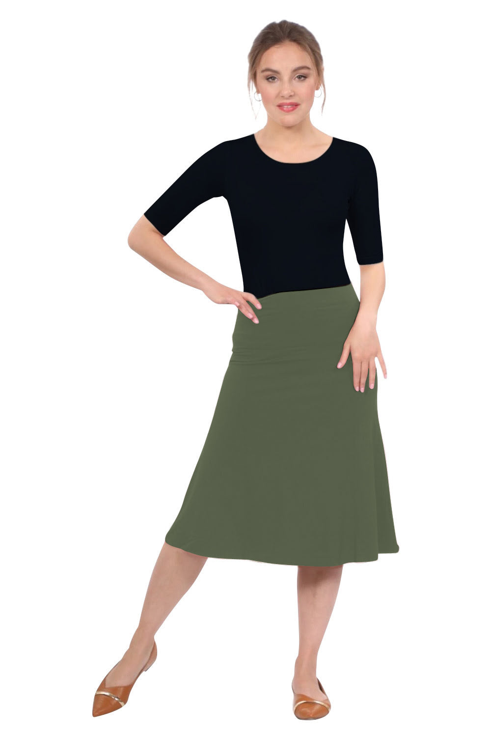 Sleek A-Line Adjustable Waist Midi Skirt with Fold-Over Waistband - Olive Small