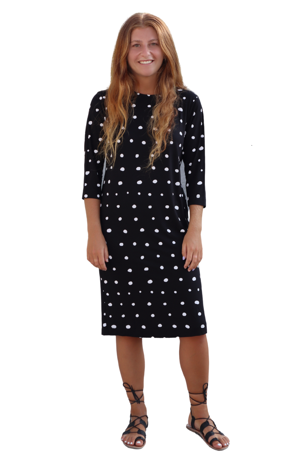 Classic Sleeve Modest Knee-Length Shift Dress - BlackWhite Droplets X
