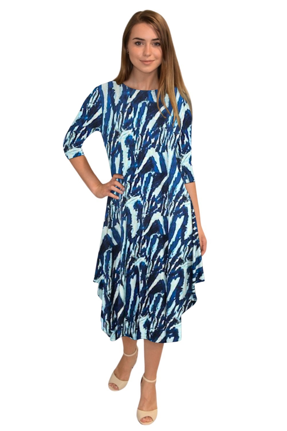 Flowing Midi Dress with Sleeves and Dramatic Drape