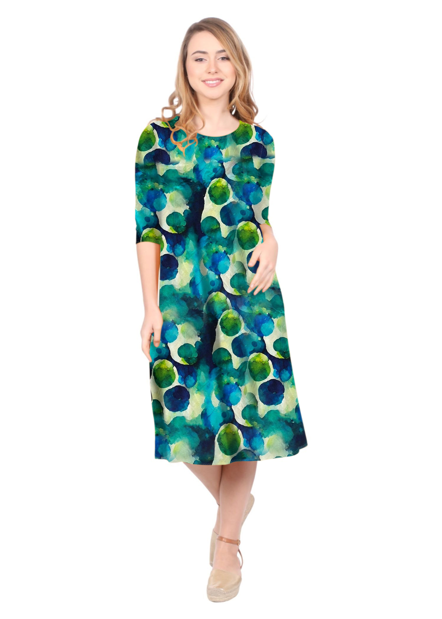 Past The Knee Shirt Dress - Comfortable A-Line Silhouette - Blue Water Lily Print Small