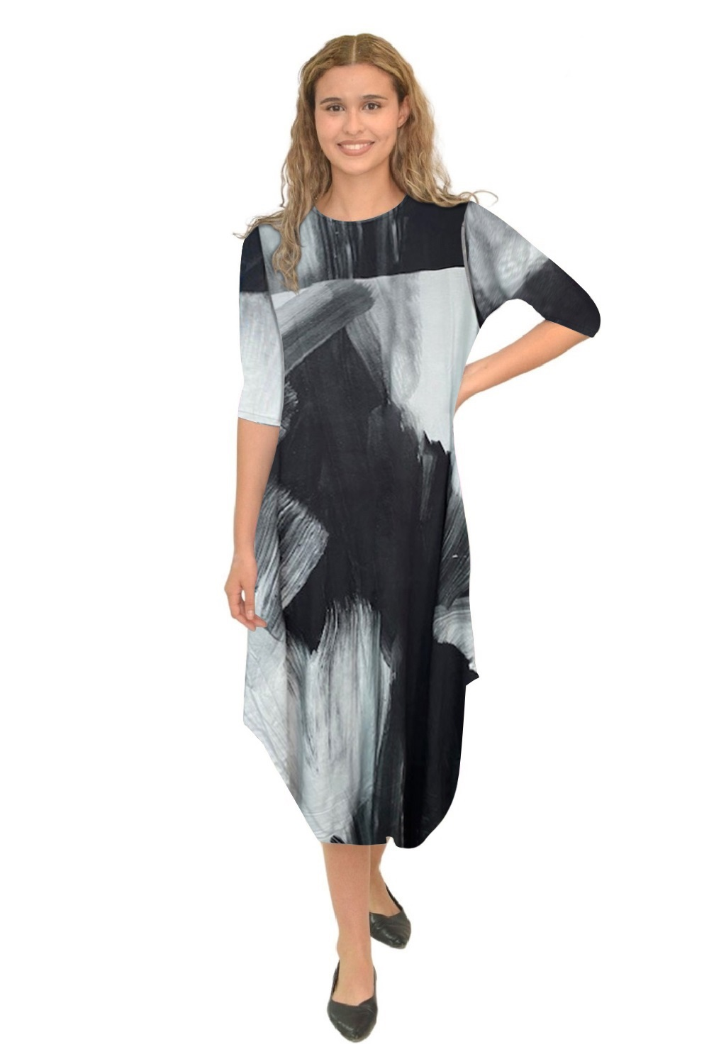 Flowing Midi Dress with Sleeves and Dramatic Drape - BlackGrey Marble X