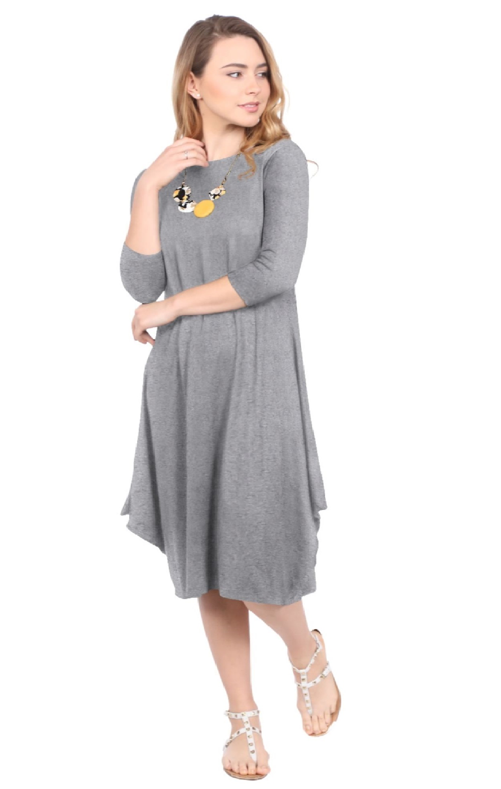 Flowing Midi Dress with Sleeves and Dramatic Drape - Charcoal Grey Large