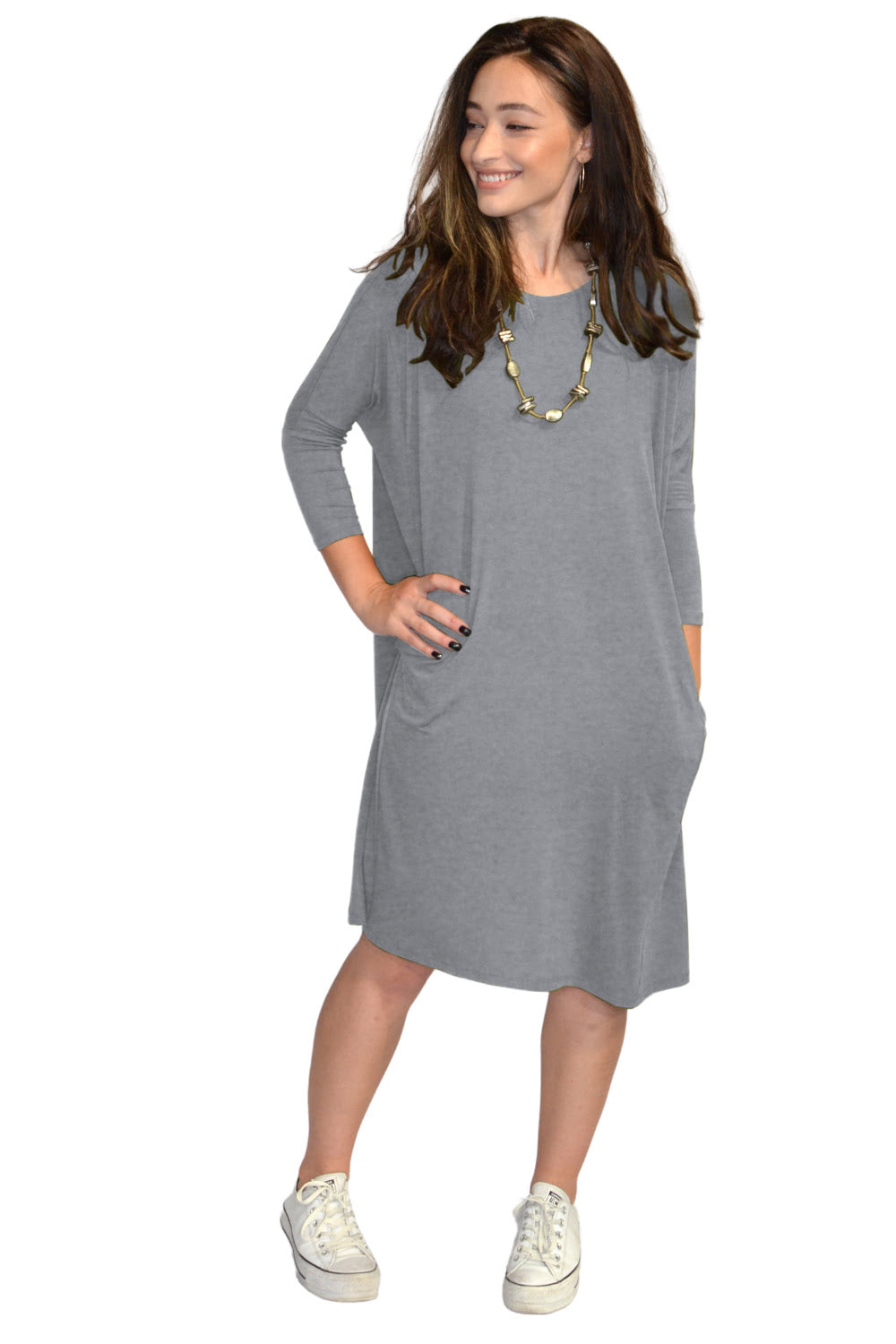 Relaxed Fit Modest Sleeve Knee-Length Dress with Pockets - Charcoal Grey LargeXX